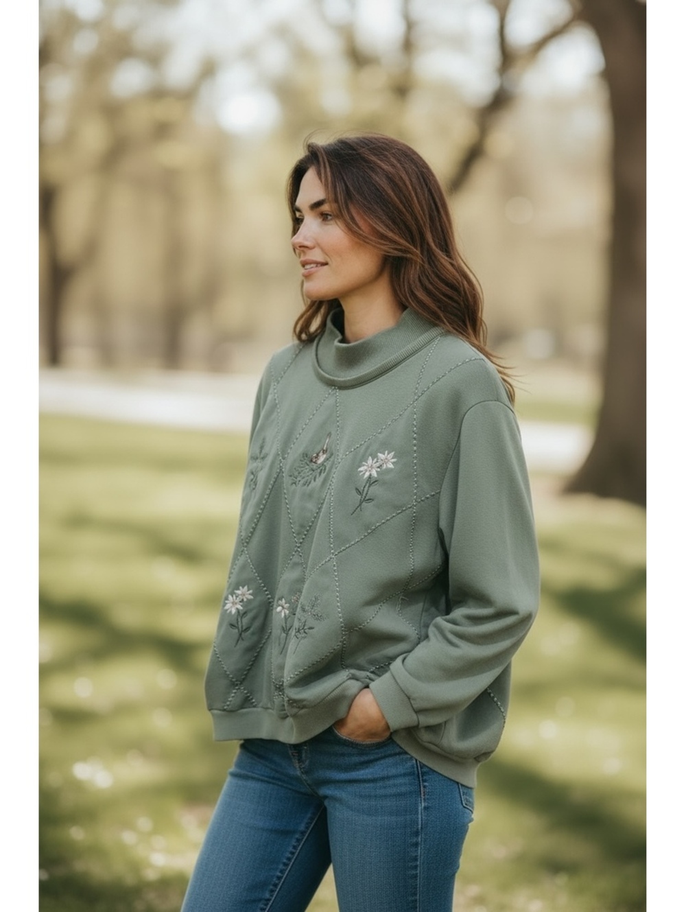 Vintage 90s Alfred Dunner XL Green Embroidered Bird Floral Patchwork Sweatshirt